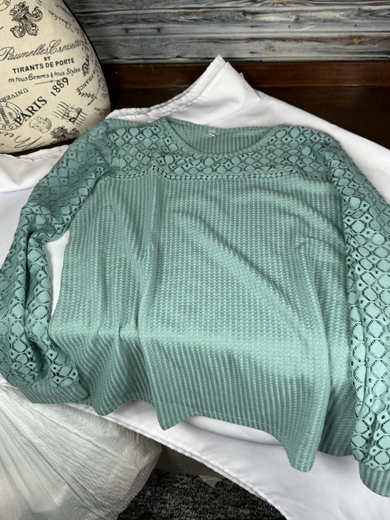 Sweaters - ⭐ Teal Waffle Knit Top Lace Sleeves Boho Casual Oversized Large